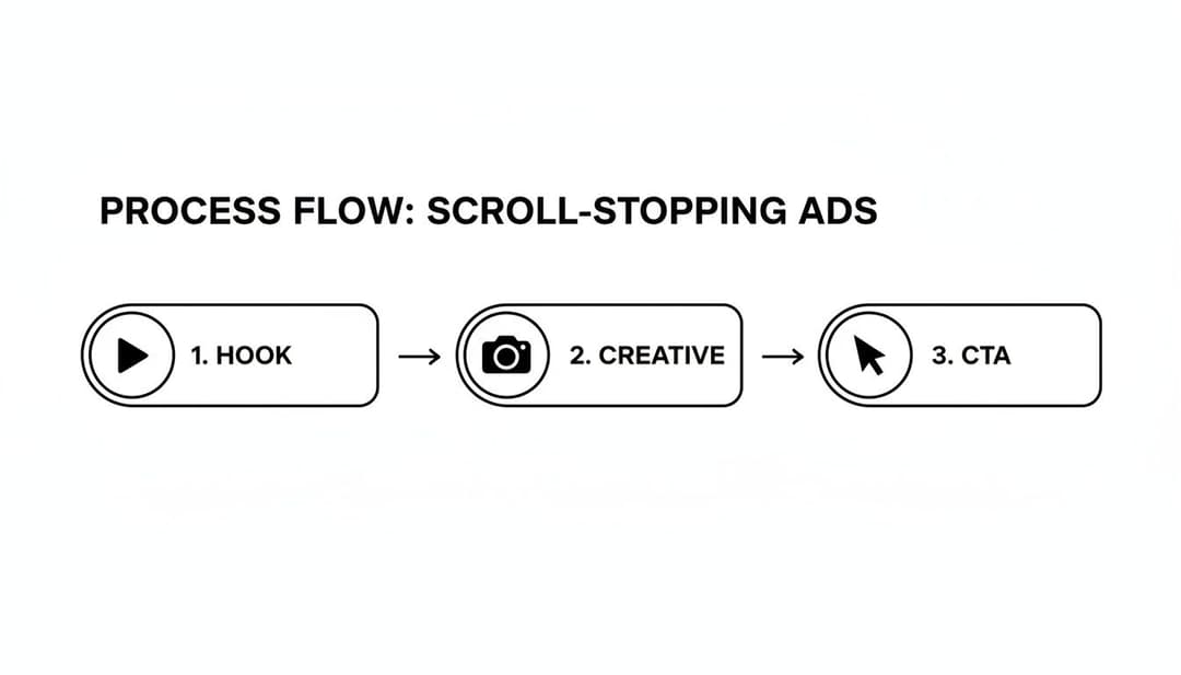 A process flow diagram illustrating three steps for scroll-stopping ads: Hook, Creative, and CTA.