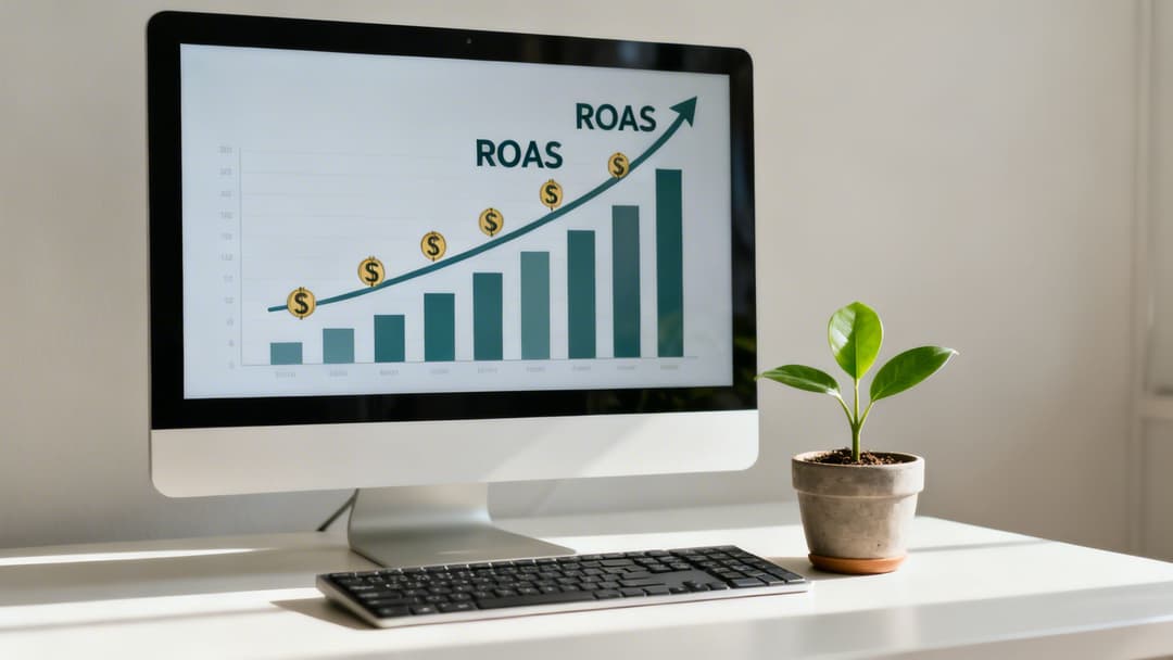 Computer screen displaying a ROAS growth chart with dollar signs and an upward trend, next to a small plant.