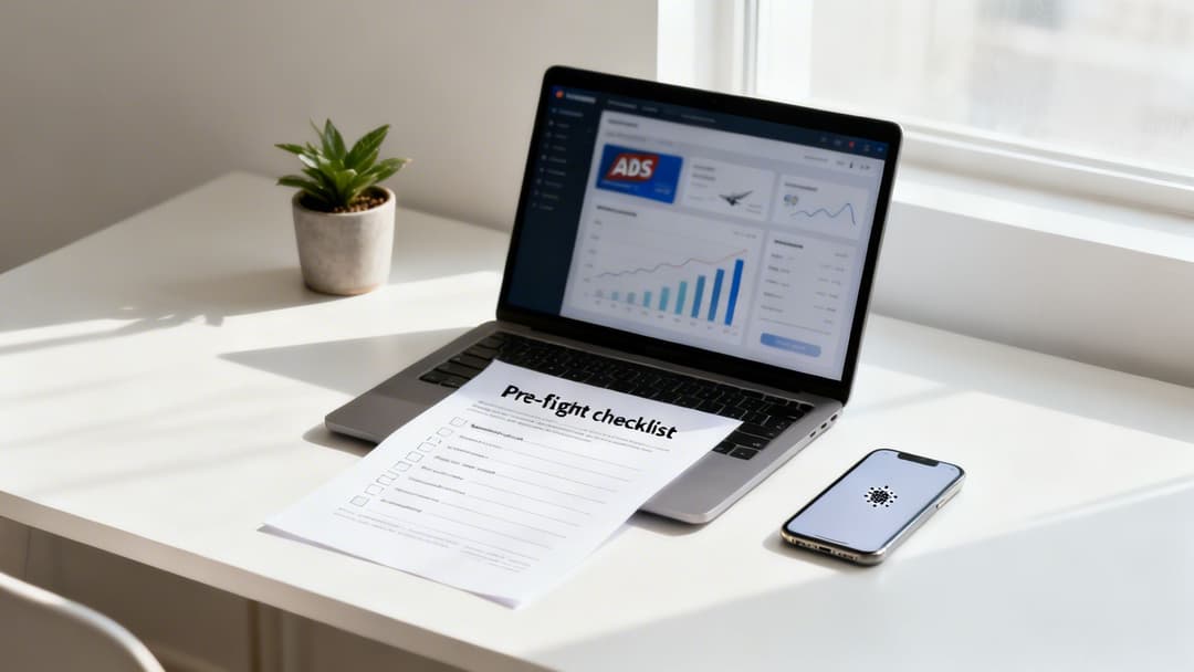 Laptop displaying an ads dashboard, a pre-fight checklist, and a smartphone on a white desk.