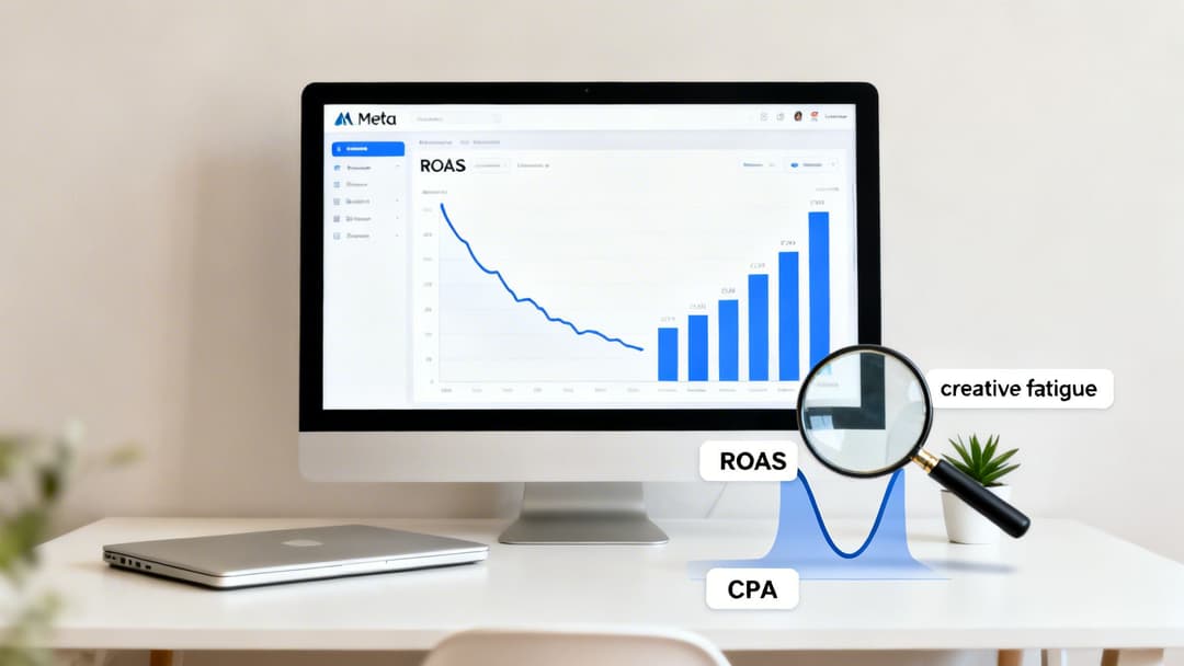 Meta ad dashboard displaying ROAS and CPA graphs, highlighting creative fatigue analysis.