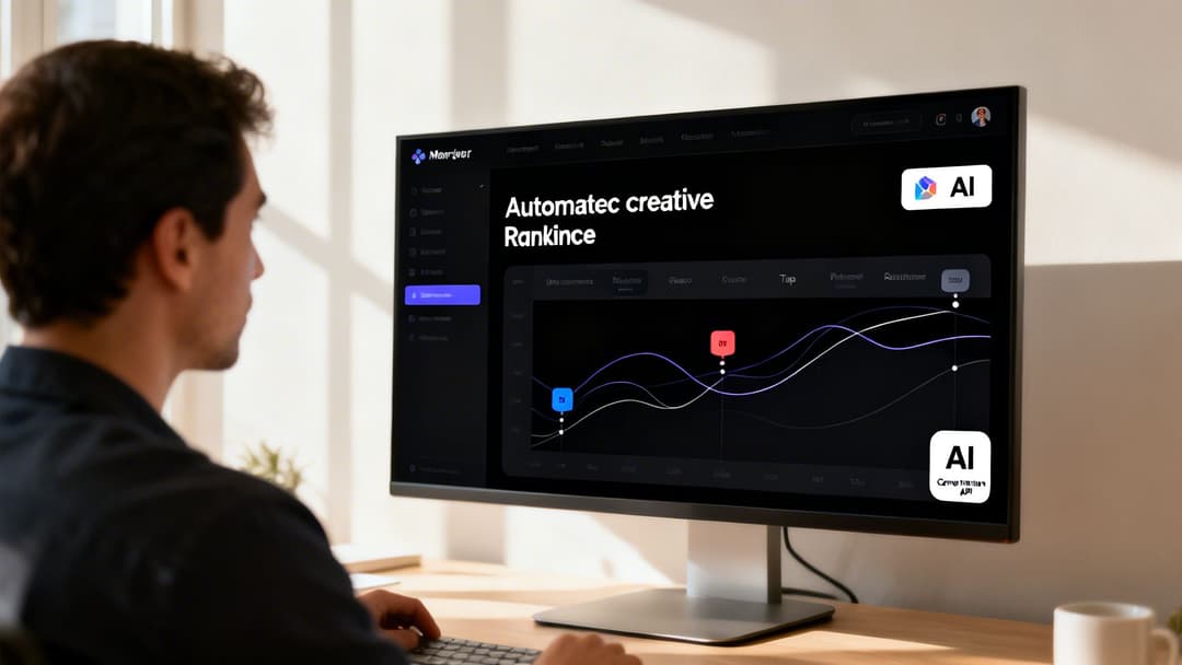 Man viewing an AI data analytics dashboard on a monitor, featuring creative ranking graphs.