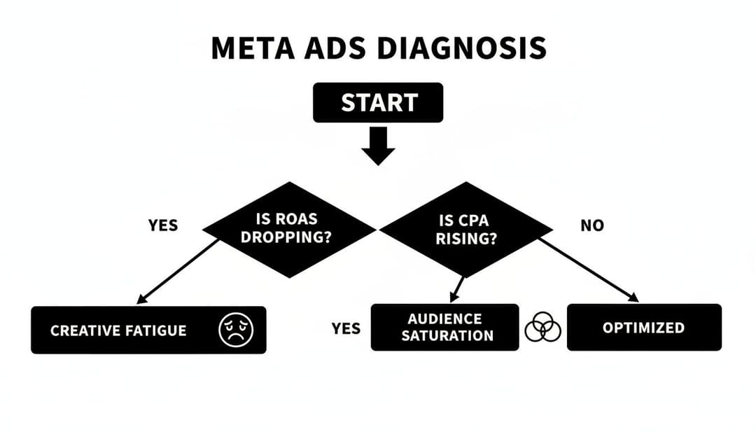 Flowchart for Meta Ads diagnosis, showing steps for creative fatigue, audience saturation, and optimization.