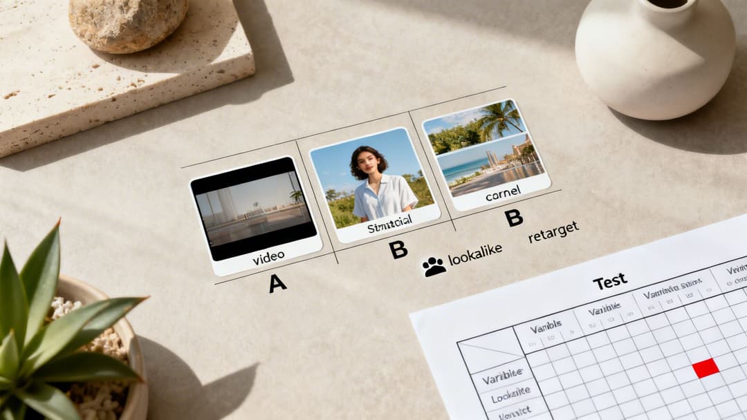 Flat lay showing A/B test creatives for Facebook ads, including video, image, and carousel, with a data sheet.