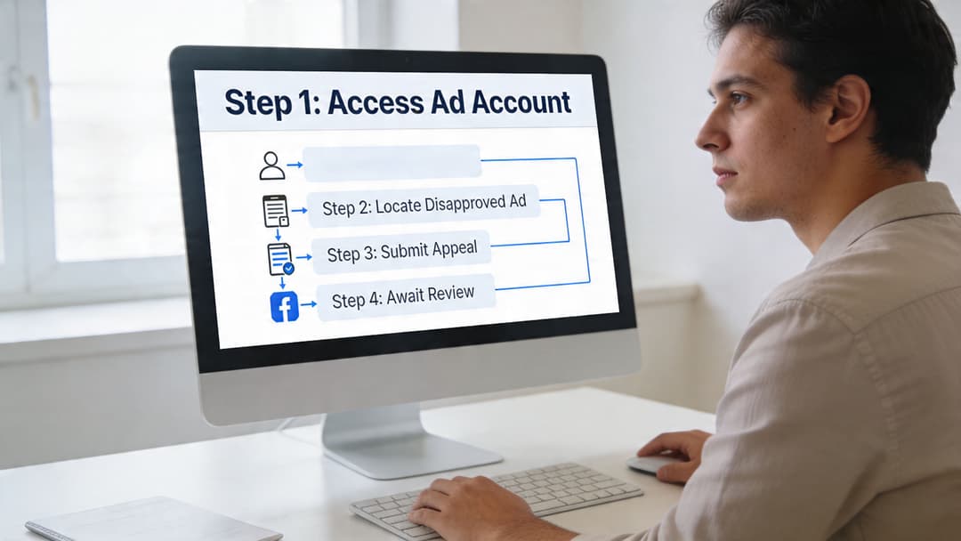 A man working on his computer reviewing a flowchart for appealing disapproved Facebook ads account issues.