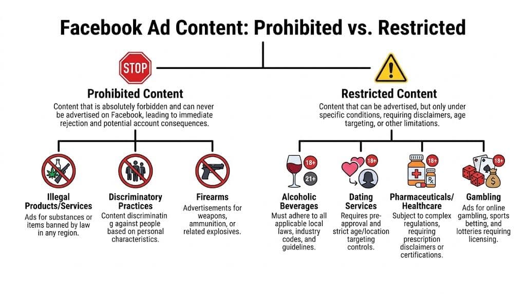 A visual guide comparing Facebook advertising policies, distinguishing between completely prohibited content and restricted content with specific requirements.