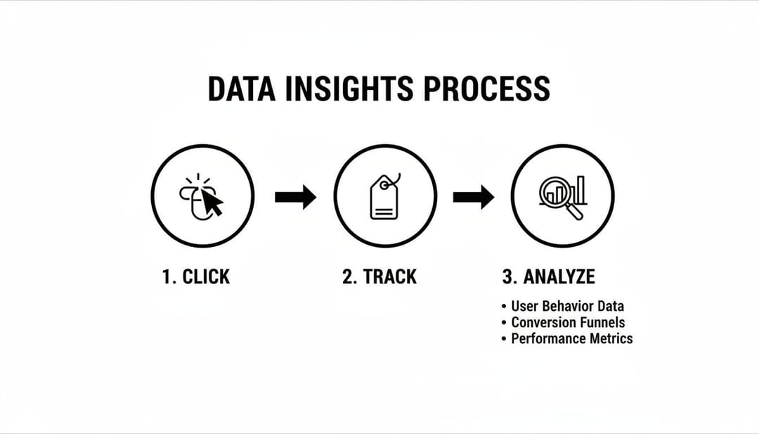 Diagram illustrating a data insights process: click, track, and analyze user behavior, funnels, and performance.