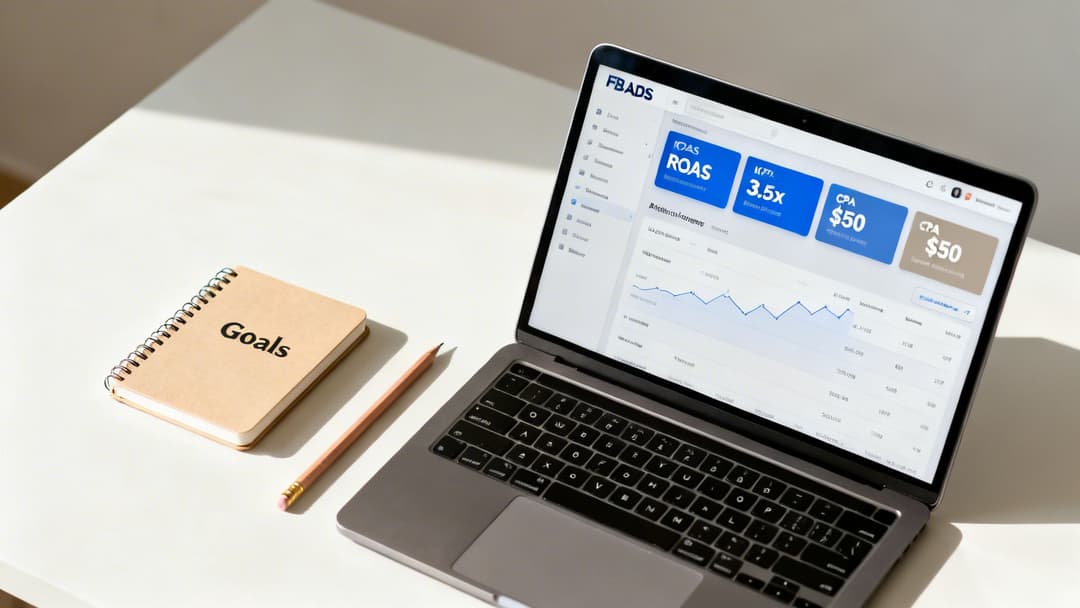 A laptop displaying an FB Ads dashboard with key metrics, a notebook titled 'Goals', and a pencil on a white desk.