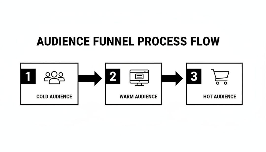 Audience funnel process flow illustrating cold, warm, and hot audience stages with icons.