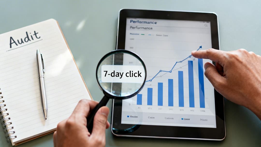 Person auditing digital performance data on a tablet, focusing on 7-day click metrics.