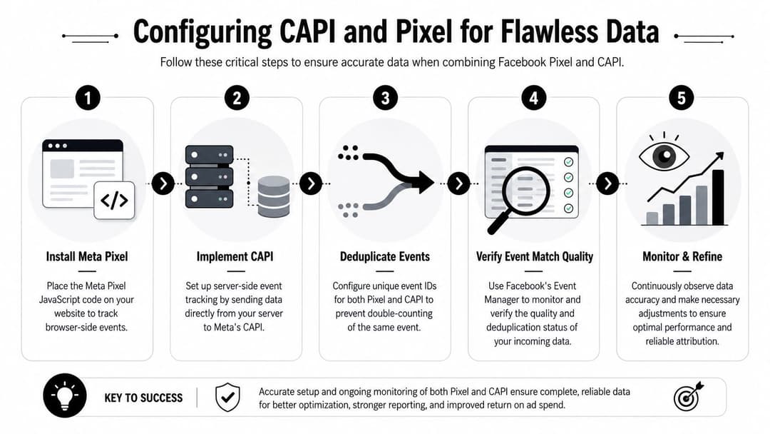 A five-step infographic guide explaining how to configure Meta Pixel and Conversions API for accurate data tracking.