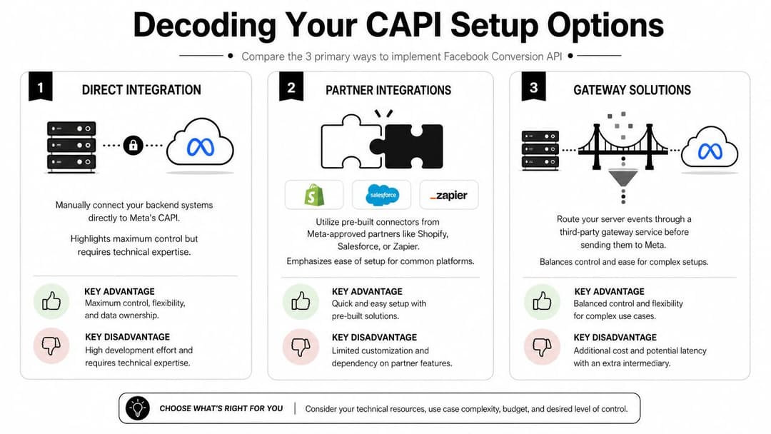 An infographic titled Decoding Your CAPI Setup Options comparing three ways to implement Facebook Conversion API.