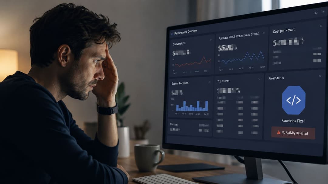 A stressed man looking at a computer screen showing Facebook Pixel conversion errors in a dark room.