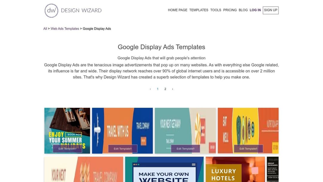 DesignWizard interface showing a selection of customizable Google Display Ad templates in various sizes.