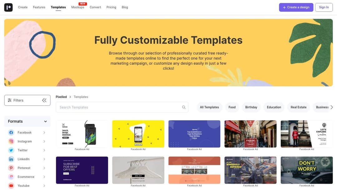 A screenshot of the Pixelied template gallery showing various designs for social media and ads.