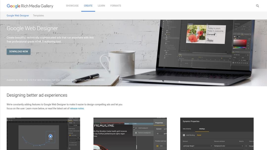 A screenshot of the Google Web Designer interface showing an HTML5 ad template with a timeline and component library.