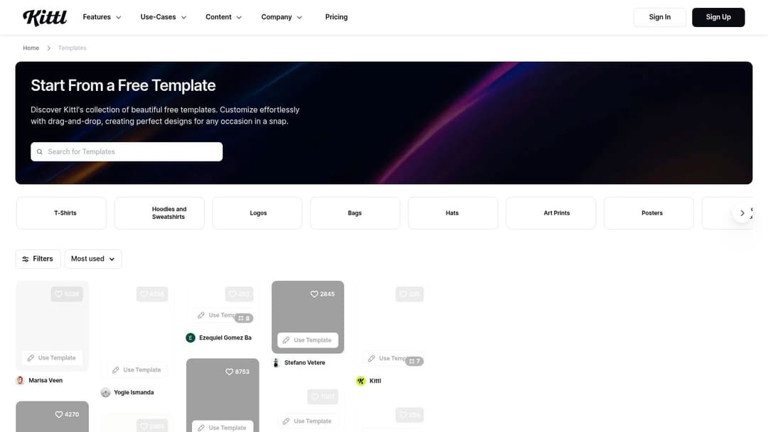 A screenshot of the Kittl interface showcasing various design templates with a focus on typography and illustration.