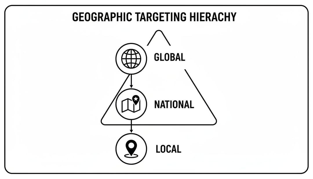 A diagram illustrating the geographic targeting hierarchy with Global, National, and Local levels and icons.