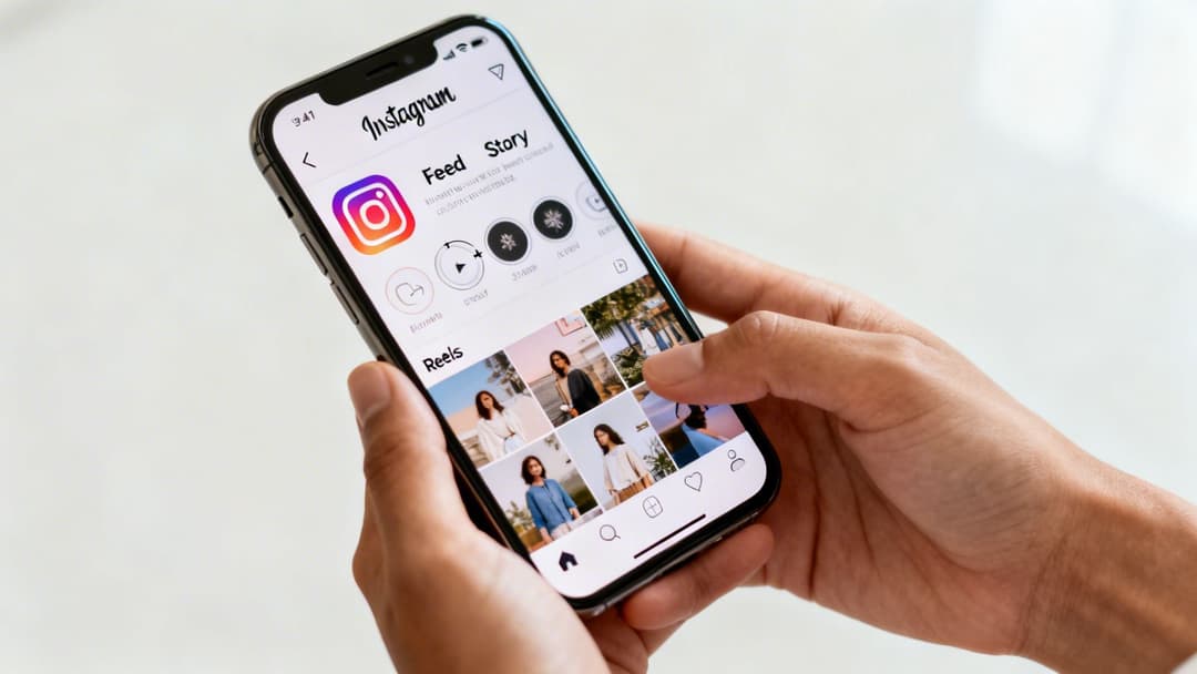 Close-up of a person holding an iPhone, scrolling through the Instagram Reels feed on a white background.