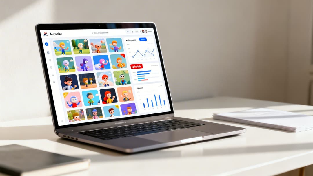 A laptop on a white desk displays a creative app with cartoon characters and analytics charts.