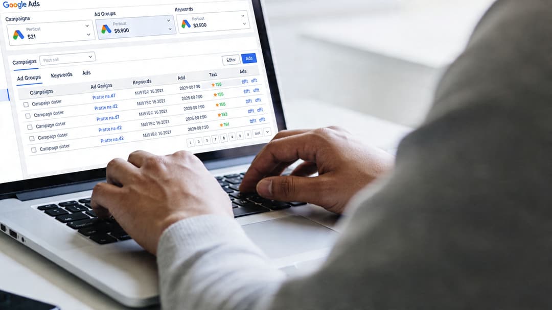A person using a laptop to view and manage Google Ads campaign performance metrics on screen.