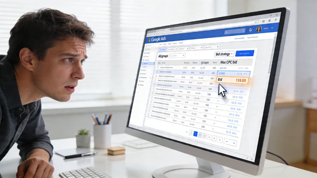A focused man looking concerned at his computer screen displaying a Google Ads campaign management dashboard.