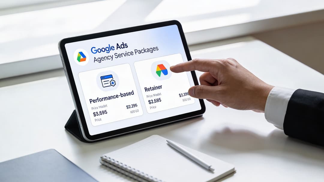 A person selecting Google Ads agency service packages on a tablet screen on an office desk.