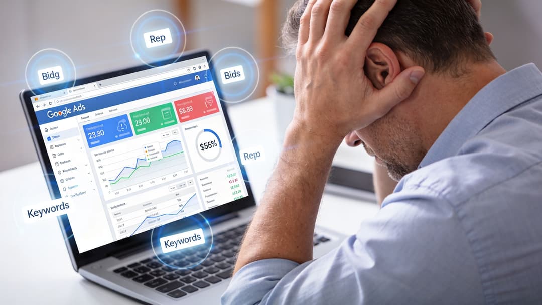 A stressed businessman sits at a desk looking at a computer screen displaying Google Ads data analytics.