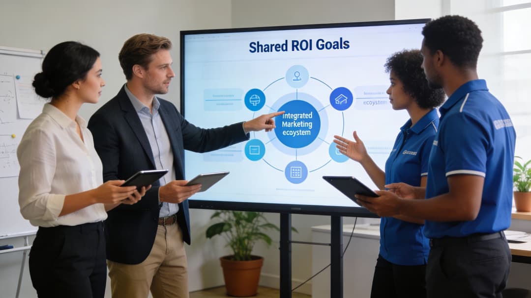 A professional team discussing marketing strategies in front of a digital display showing a shared ROI diagram.