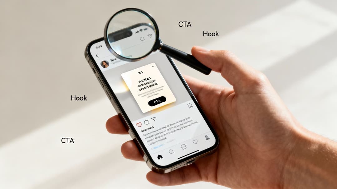 A person's hand holds a smartphone displaying a social media ad copy example, with a magnifying glass.