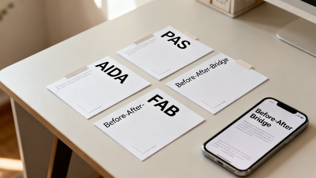 Close-up of four copywriting framework cards (AIDA, PAS, Before-After-Bridge, FAB) and an iPhone on a desk.