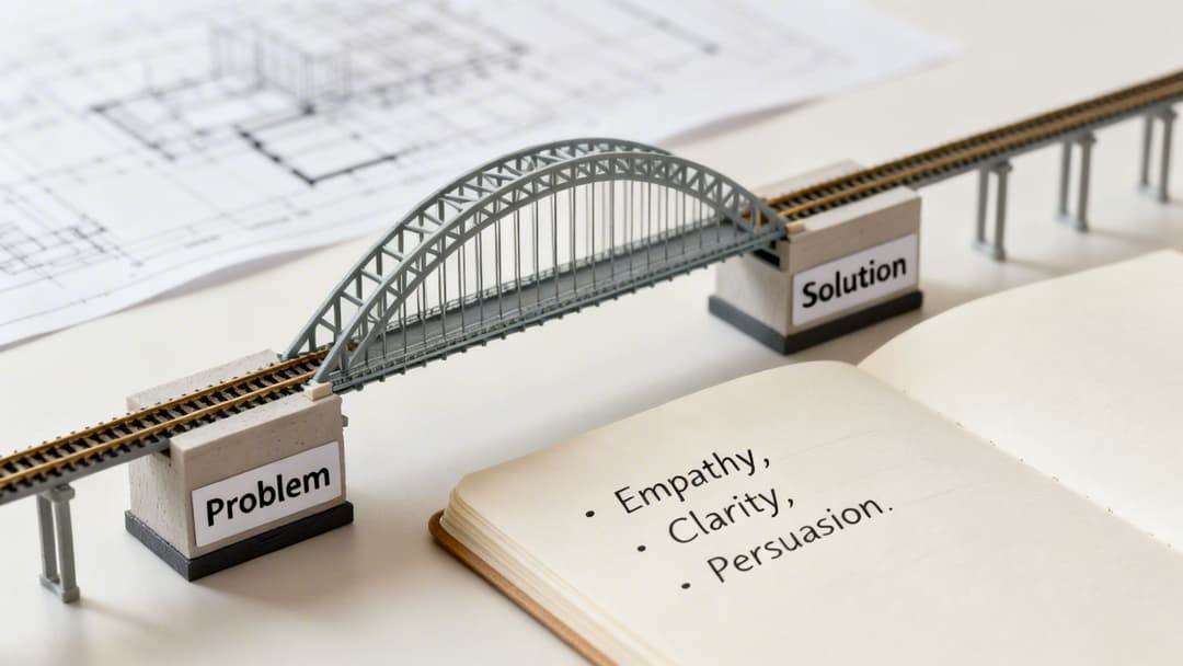 A model train bridge connects blocks labeled 'Problem' and 'Solution,' alongside a notebook listing 'Empathy, Clarity, Persuasion,' with blueprints in the background.
