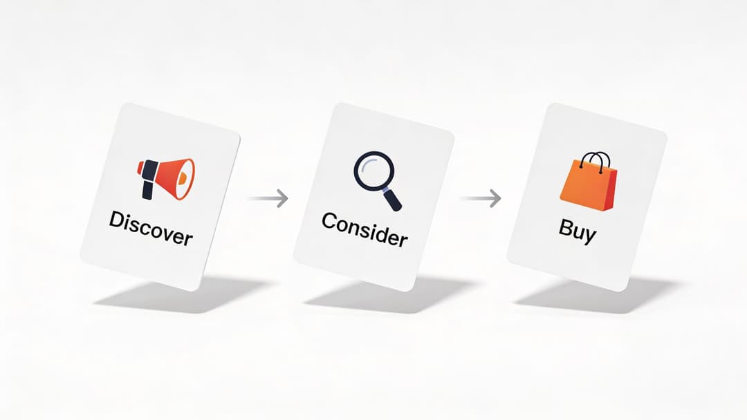 A three-step customer journey process showing Discover, Consider, and Buy represented by icons on cards.