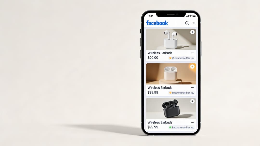 A smartphone displaying a Facebook marketplace feed featuring several listings for wireless earbuds with prices.