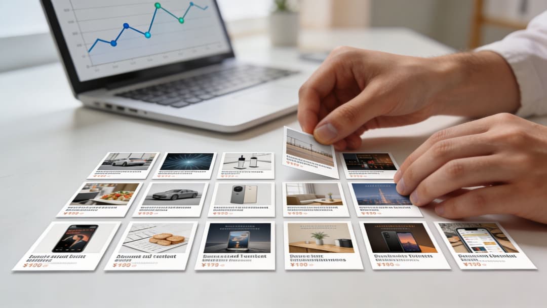 A person organizing digital marketing advertisement creative images on a desk near a laptop with analytics.
