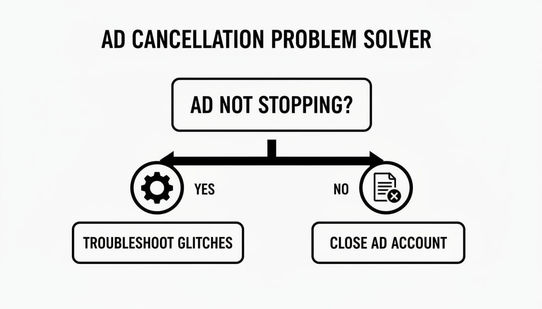 A flowchart guiding users to troubleshoot ad glitches or close the ad account if an ad isn't stopping.
