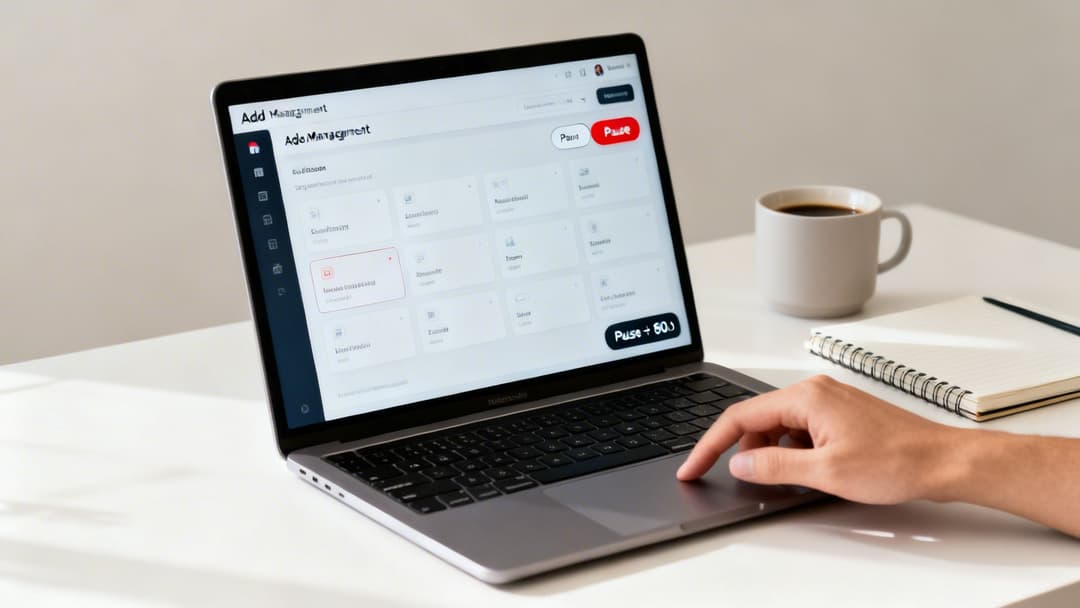 A person's hand on a laptop displaying an ad management dashboard, with coffee and notebook nearby.