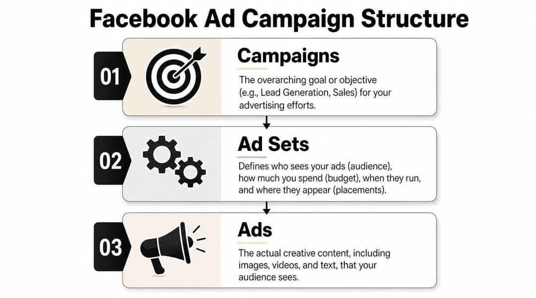 A diagram illustrating the three-level hierarchical structure of Facebook ad campaigns, ad sets, and individual advertisements.