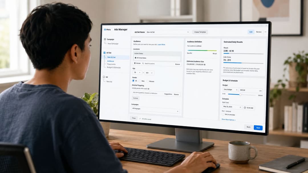 A person working at a desk using Meta Ads Manager on a computer to set up an advertisement.