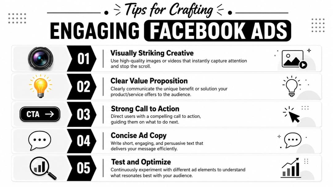 An infographic detailing five key tips for creating engaging and effective Facebook advertisements for business marketing campaigns.