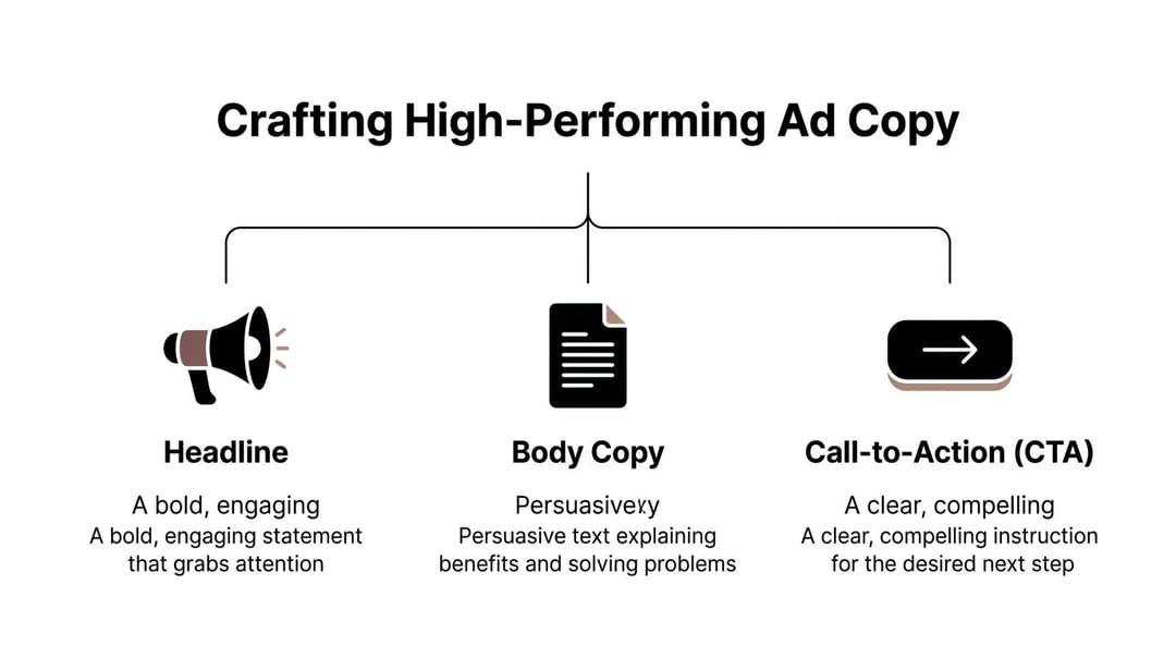 A diagram outlining the three essential elements of crafting high-performing ad copy: Headline, Body Copy, and CTA.