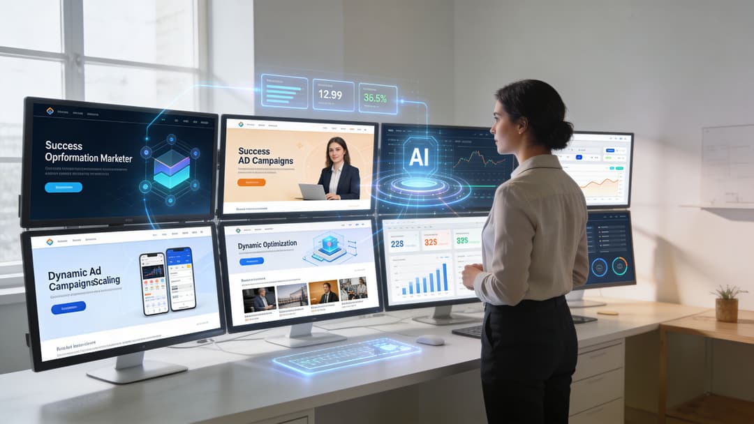 A professional woman monitoring AI-powered digital marketing advertising campaigns on multiple screens in a bright office environment.