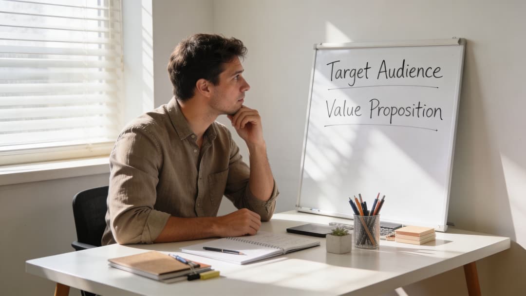 A thoughtful man sitting at a desk looking at a whiteboard with target audience and value proposition text.