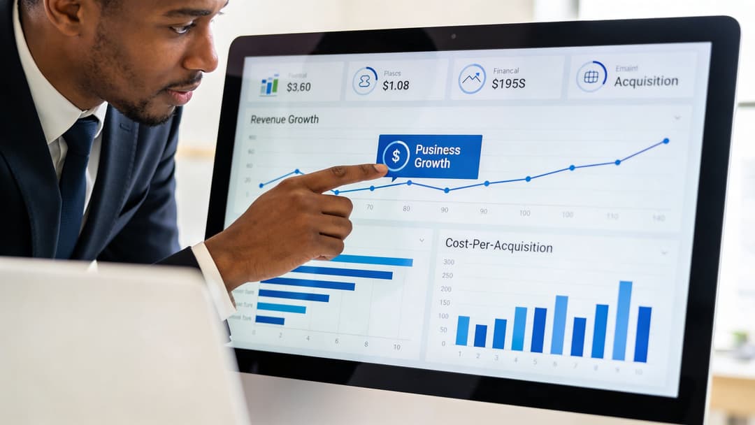 A professional businessman pointing at a business growth chart on a large computer monitor in an office.