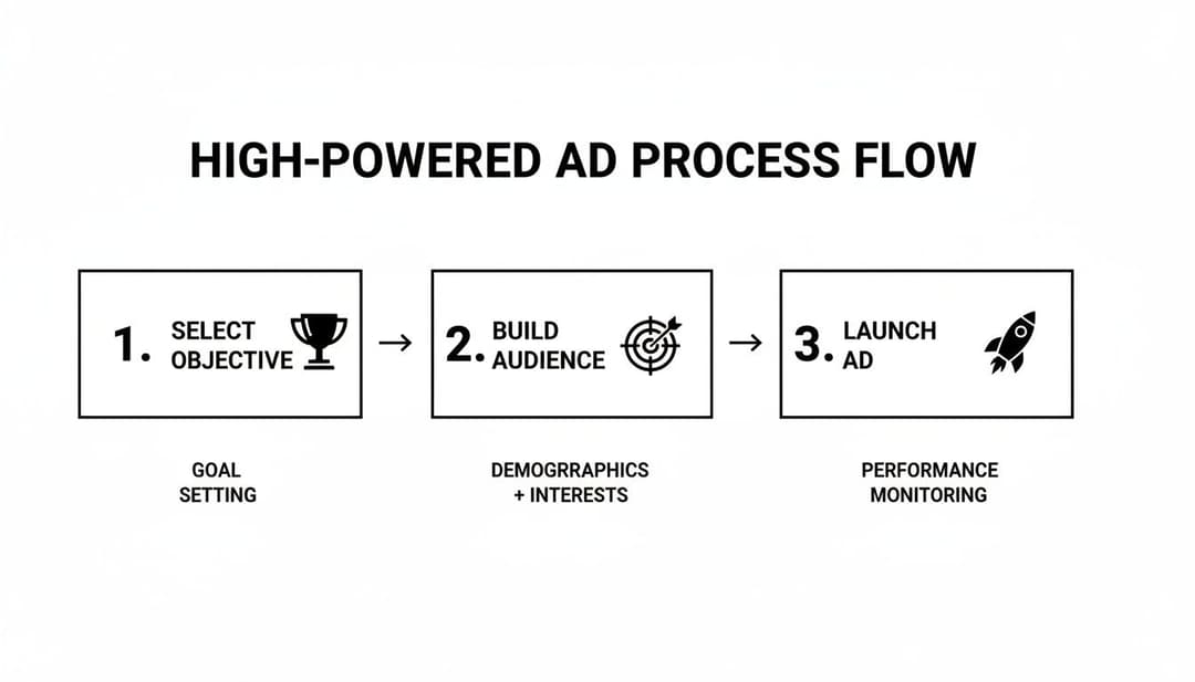 A three-step high-powered ad process flow diagram showing objective selection, audience building, and ad launch.