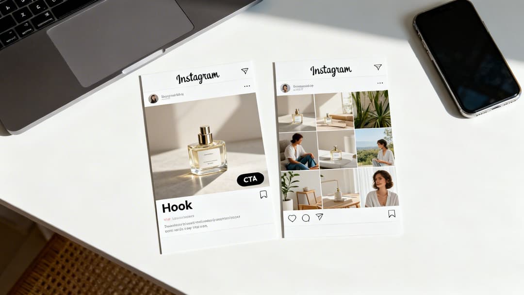 Two Instagram post mockups displaying perfume and lifestyle photos, alongside a laptop and smartphone on a clean white desk.
