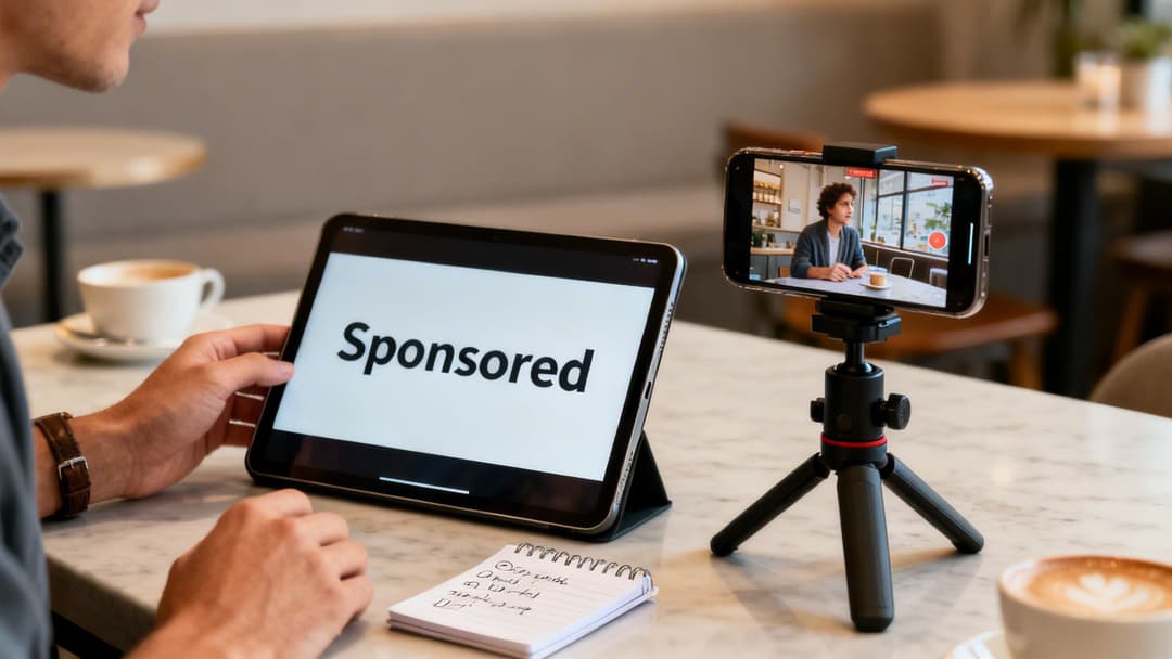 A person setting up sponsored content, displaying 'Sponsored' on a tablet while recording a video.