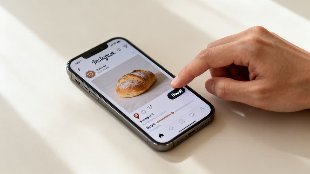 A hand taps the 'Boost' button on an iPhone displaying an Instagram post of bread.