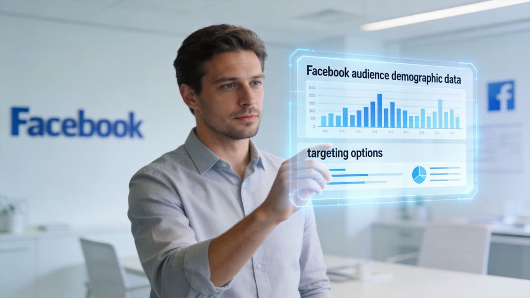 A professional man interacting with a digital holographic display showing Facebook audience data and advertising targeting options.