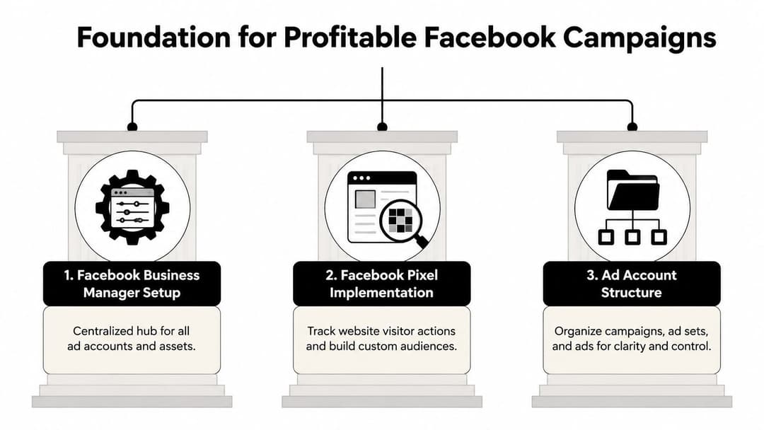 A diagram outlining the three foundational pillars for running profitable Facebook advertising campaigns for businesses.