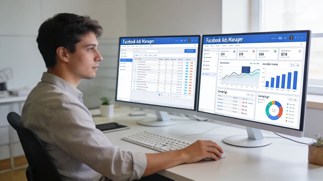 A professional man sitting at a desk analyzing advertising metrics on two computer monitors in an office.